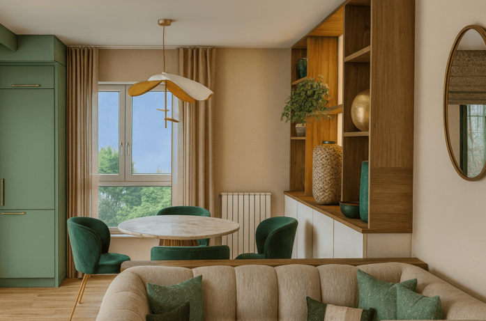 Espace de vie fluide avec salle à manger, cuisine vert sauge et meuble sur-mesure en bois — projet Studio Intéa, 65 m² VEFA.