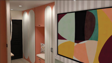Entrée rénovée avec mobilier sur mesure, niche assise intégrée et optimisation d’espace dans une maison à Grasse.