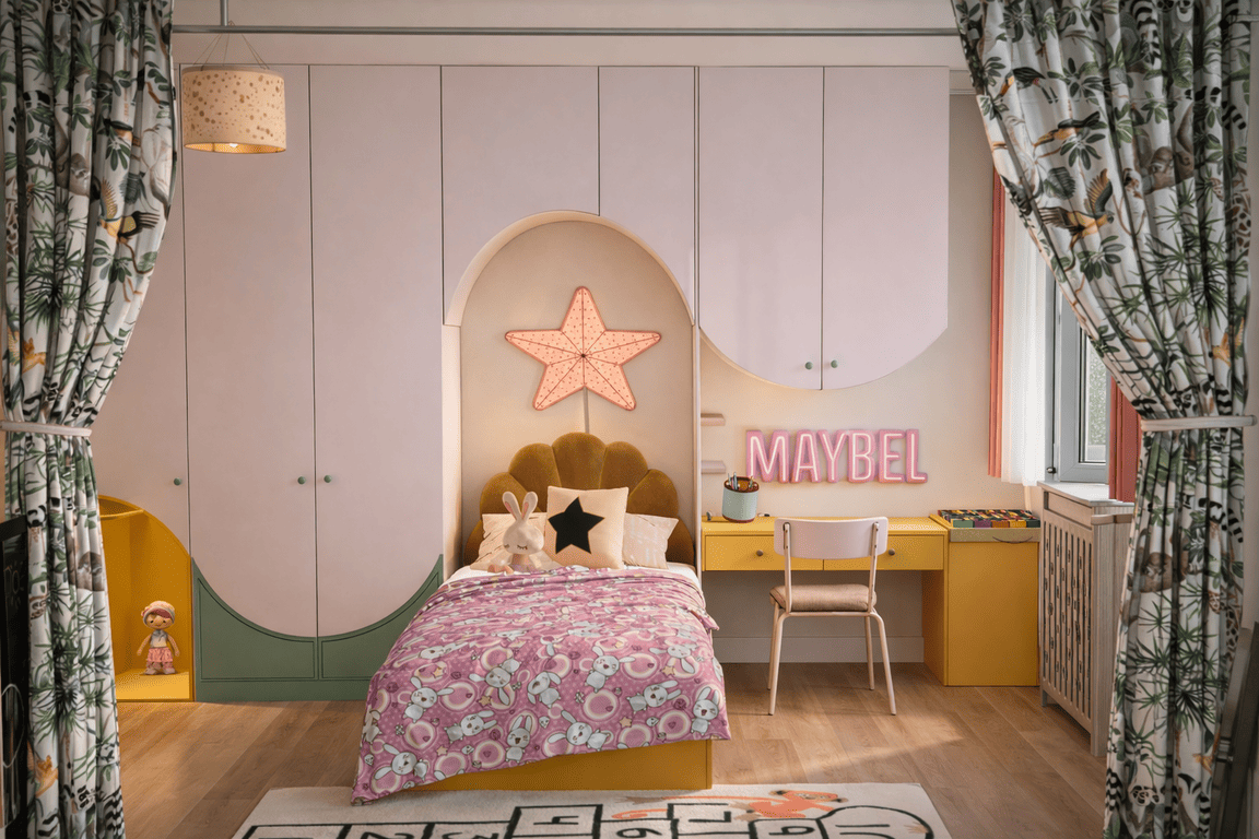 Espace nuit d’enfant rénové avec lit intégré, rangements sur mesure et palette colorée apaisante.